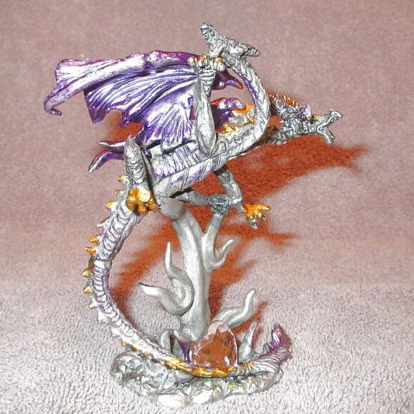 Pewter Dragon Iridescent 2 Headed Serpent Heart Crystal Winged Fantasy Figurine - Picture 3 of 11